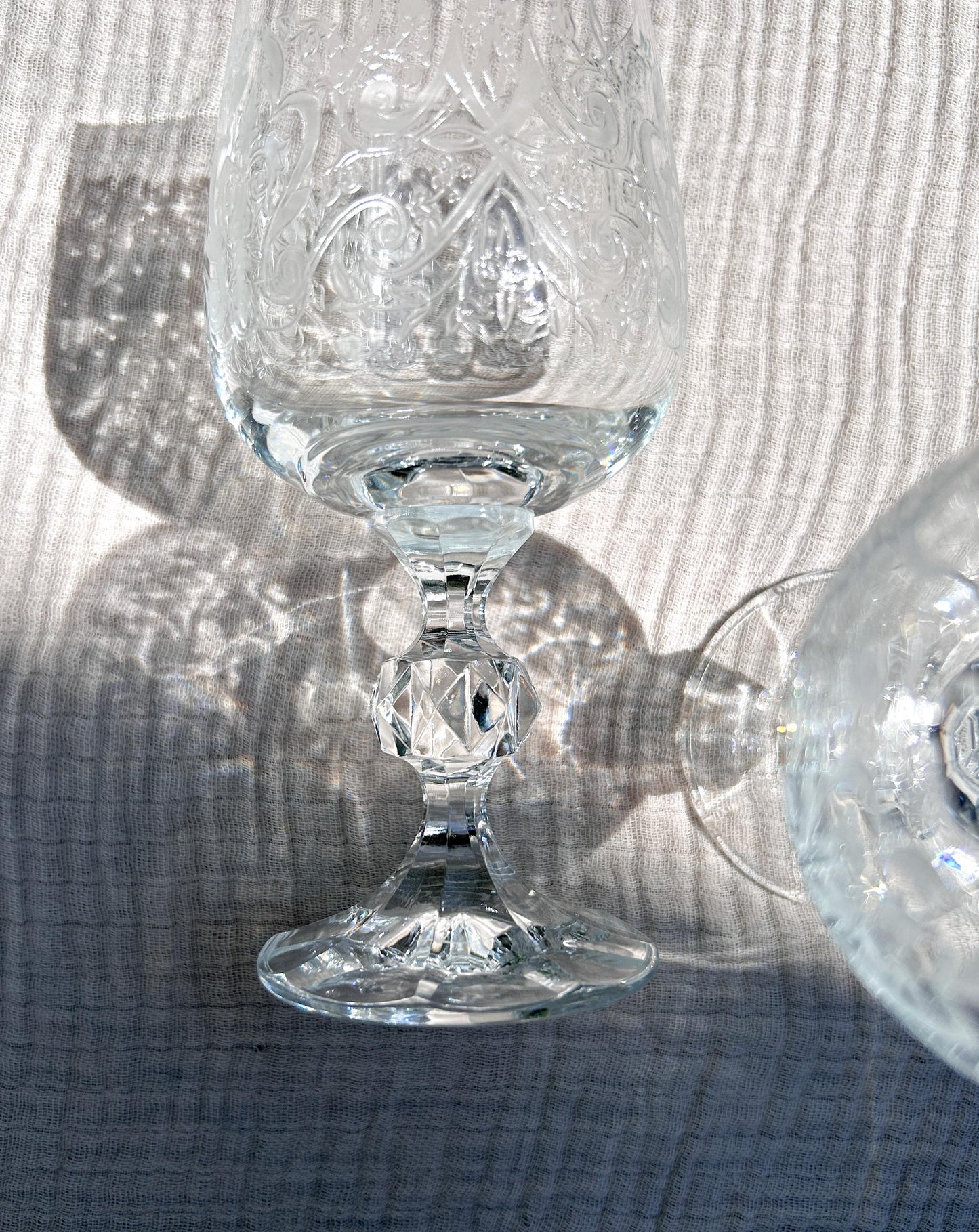 Vintage Bohemia Crystal-Crystalex Etched Scrolls Wine Glasses Pair