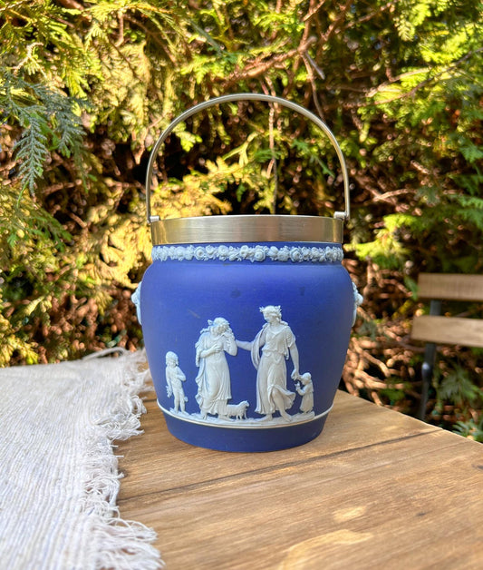 Wedgwood Cobalt Blue and White Jasperware Biscuit Jar Antique