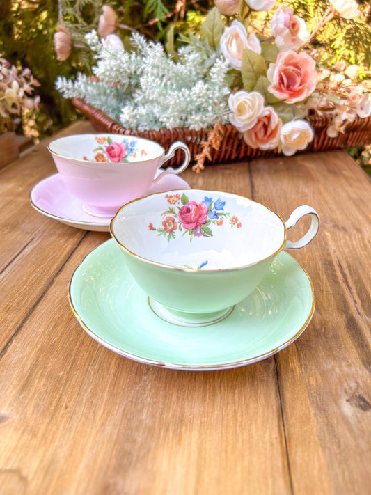 Vintage Royal Grafton Bone China Tea Cup Saucer Set Pink and Green Roses