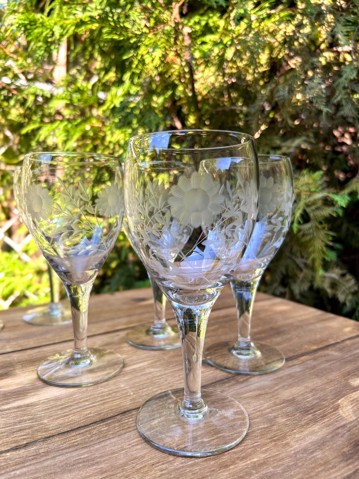 Vintage Blown Glass Etched Floral Wine Glasses x 4