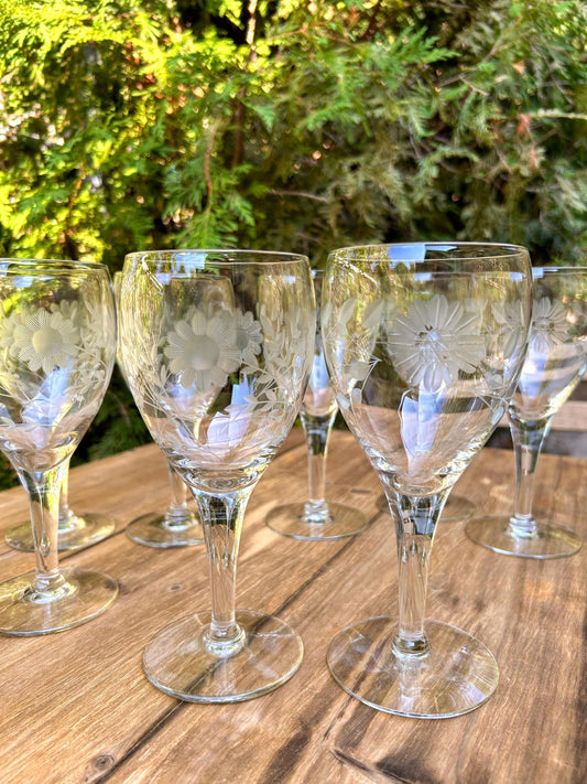 Vintage Blown Glass Etched Floral Wine Glasses x 4