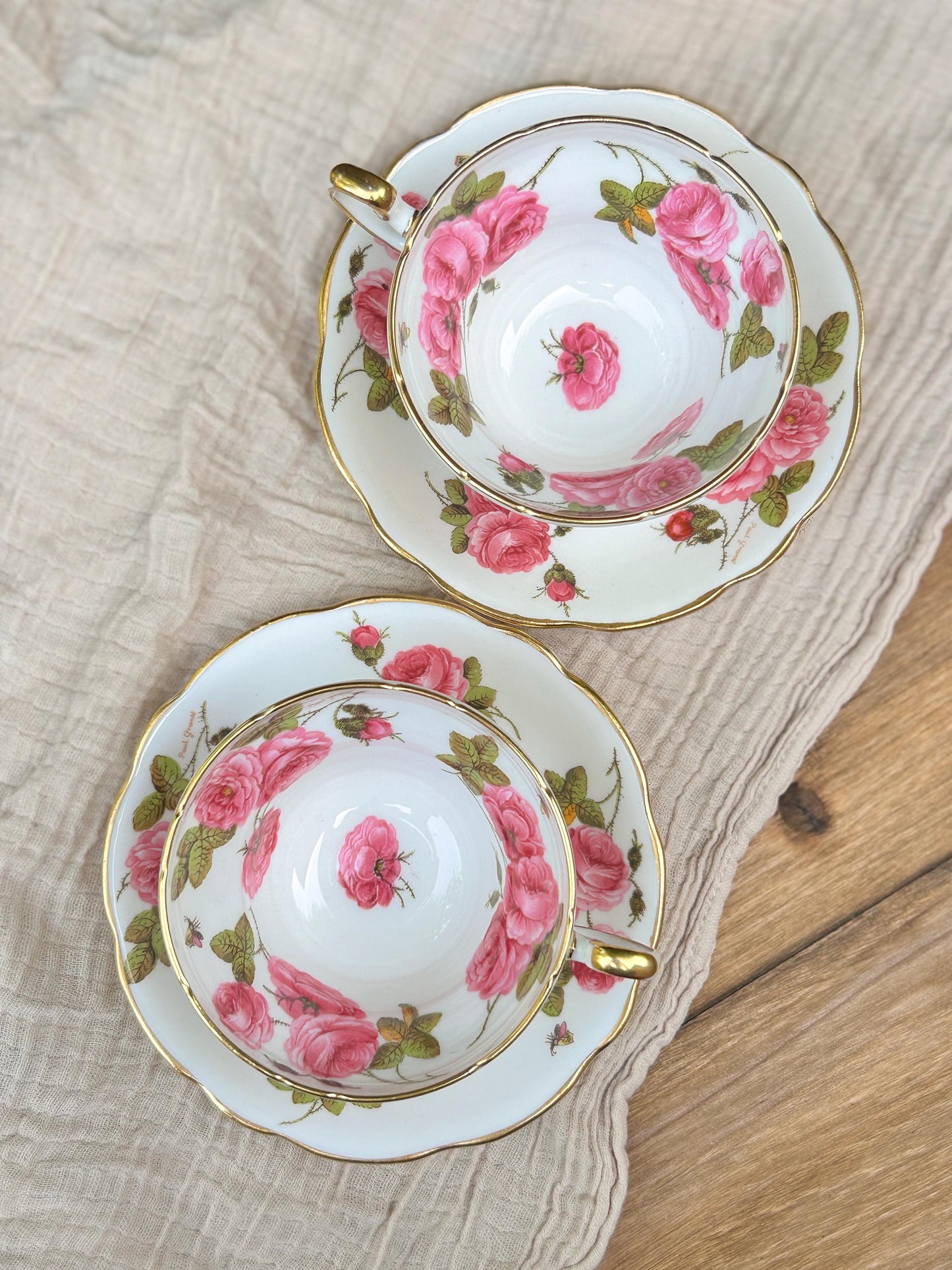 Foley Bone China Century Rose Floral Gold Tea Cups & Saucers Pair England