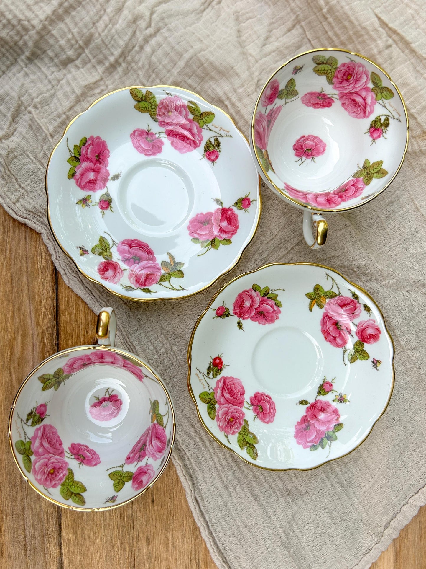 Foley Bone China Century Rose Floral Gold Tea Cups & Saucers Pair England