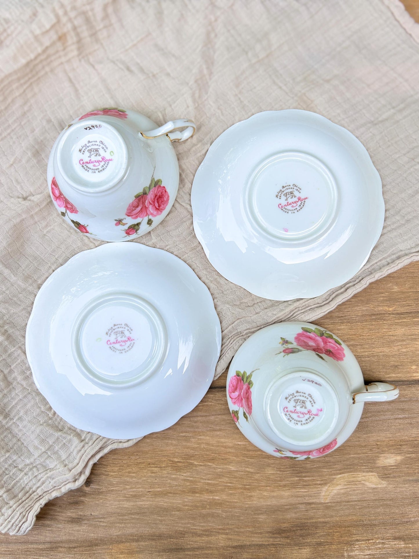 Foley Bone China Century Rose Floral Gold Tea Cups & Saucers Pair England