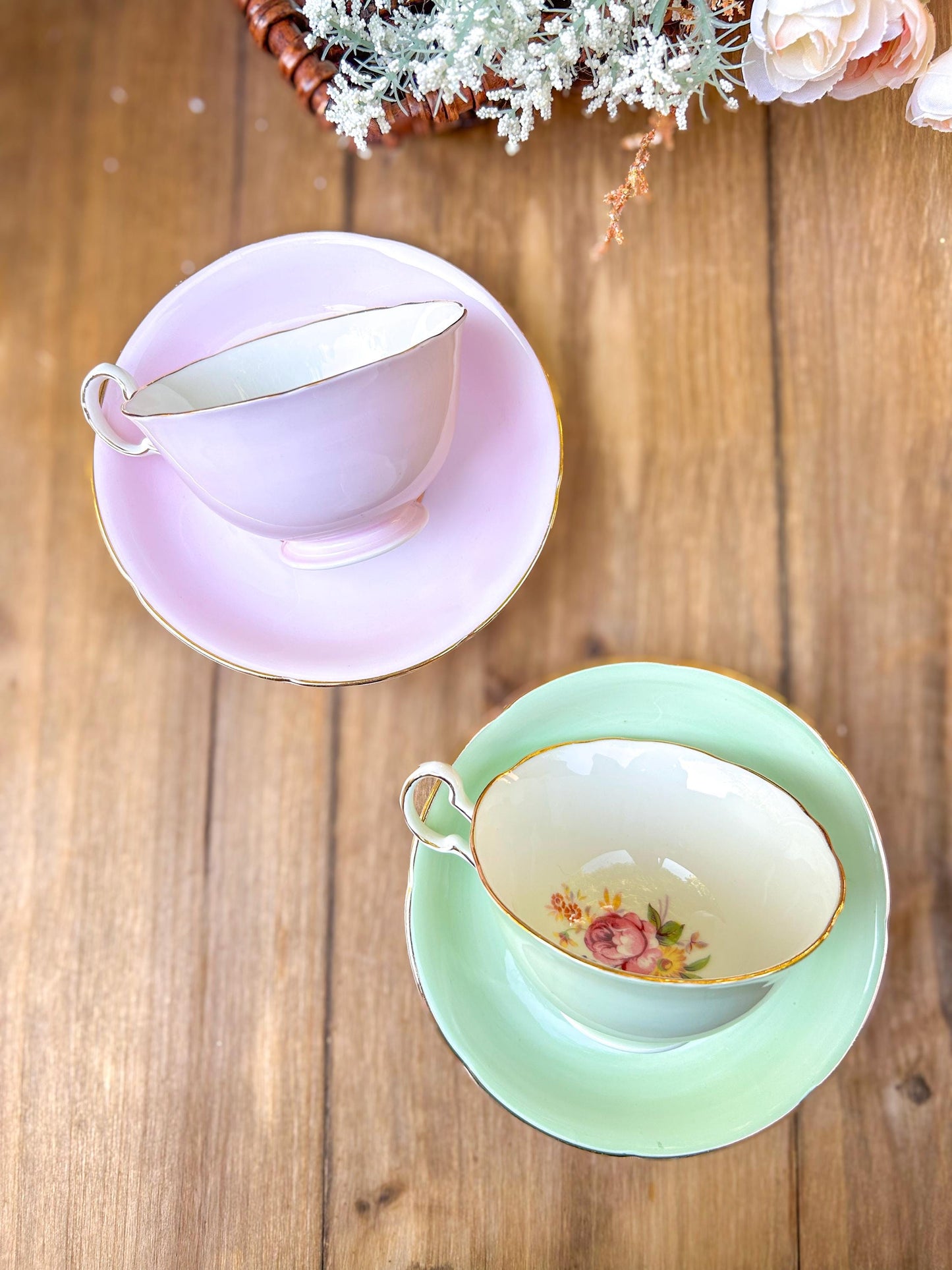 Vintage Royal Grafton Bone China Tea Cup Saucer Set Pink and Green Roses