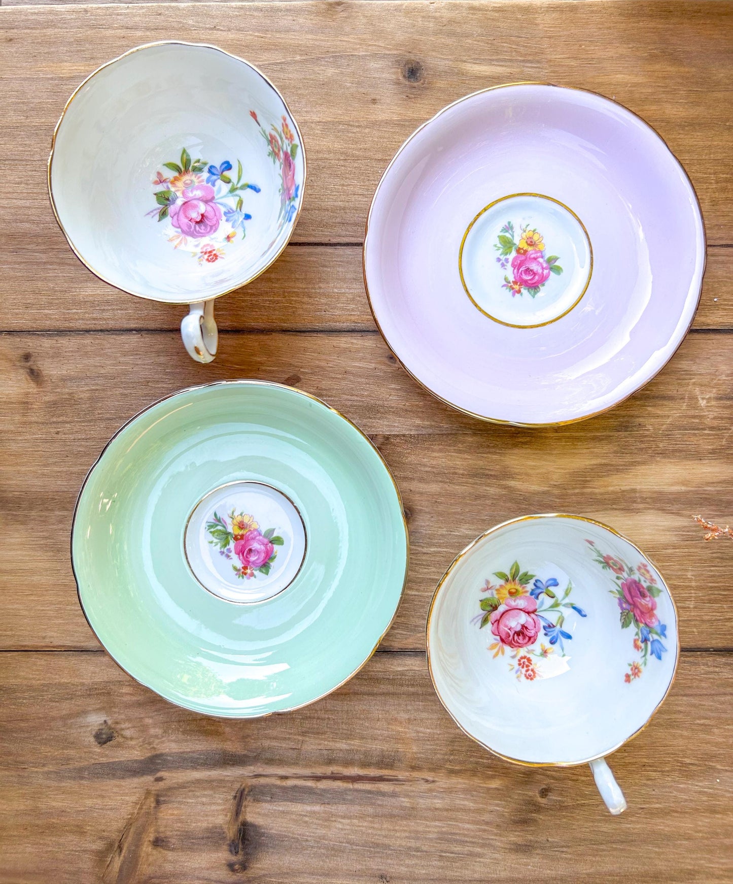 Vintage Royal Grafton Bone China Tea Cup Saucer Set Pink and Green Roses