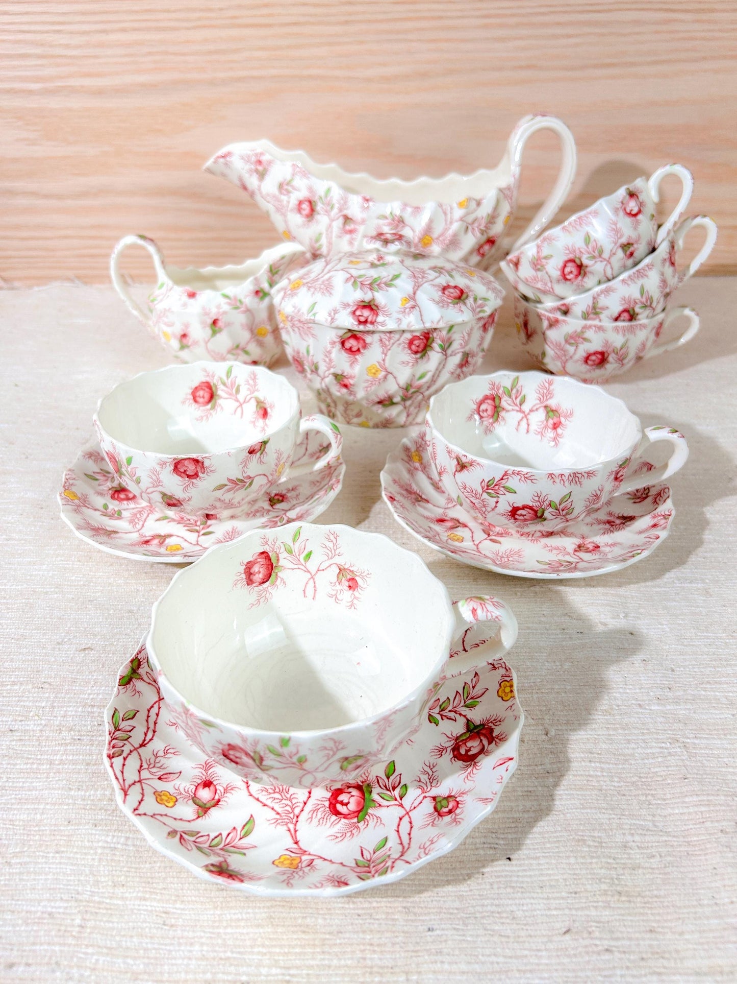 Copeland Spode Rosebud Chintz Pink Tea Cup Set Gravy Creamer Sugar & Bowls