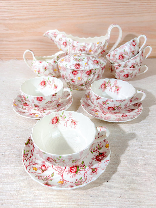 Copeland Spode Rosebud Chintz Pink Tea Cup Set Gravy Creamer Sugar & Bowls