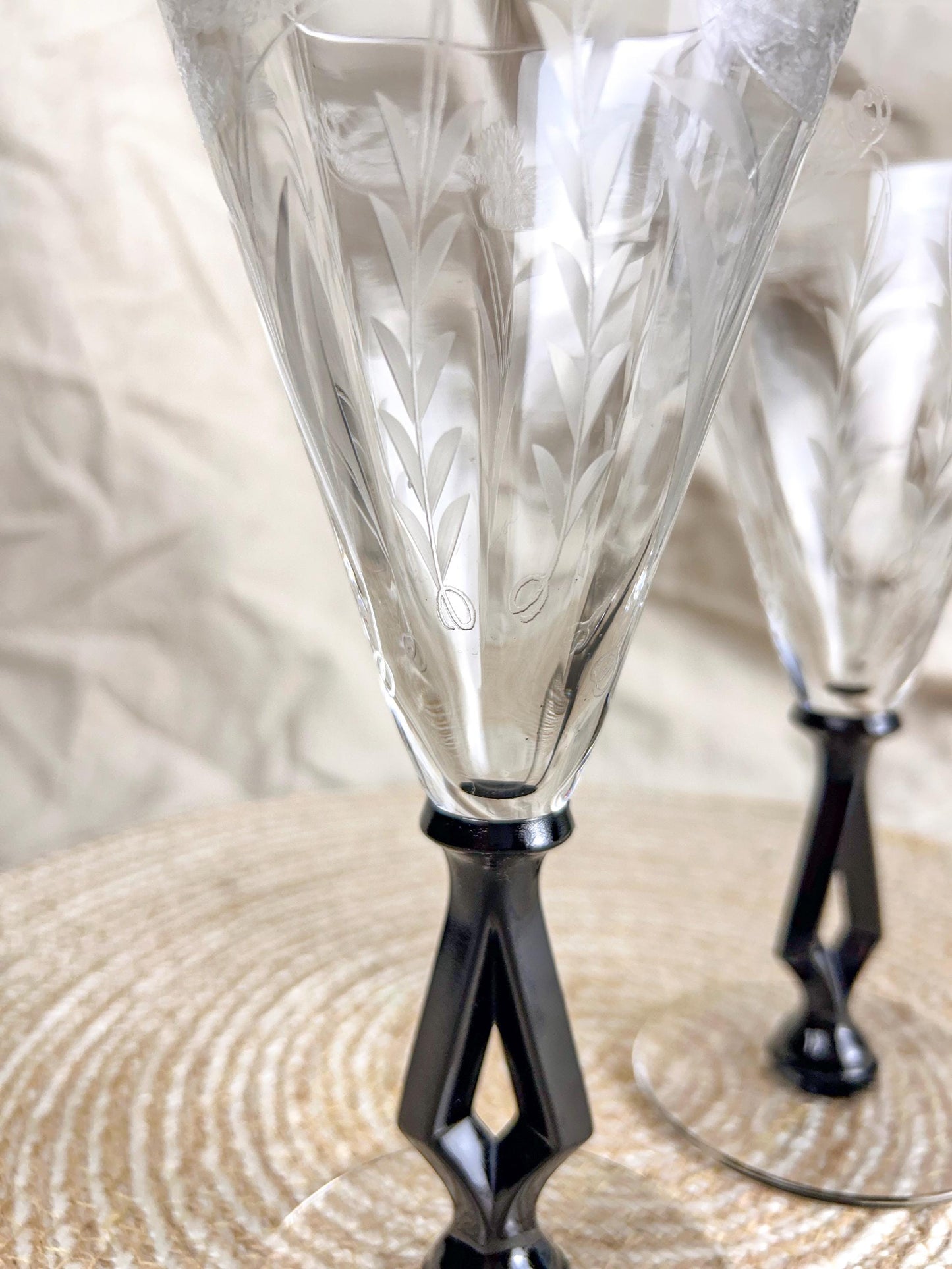 Vintage Pair of Morgantown Glass Etched Wine Glasses Black Stem