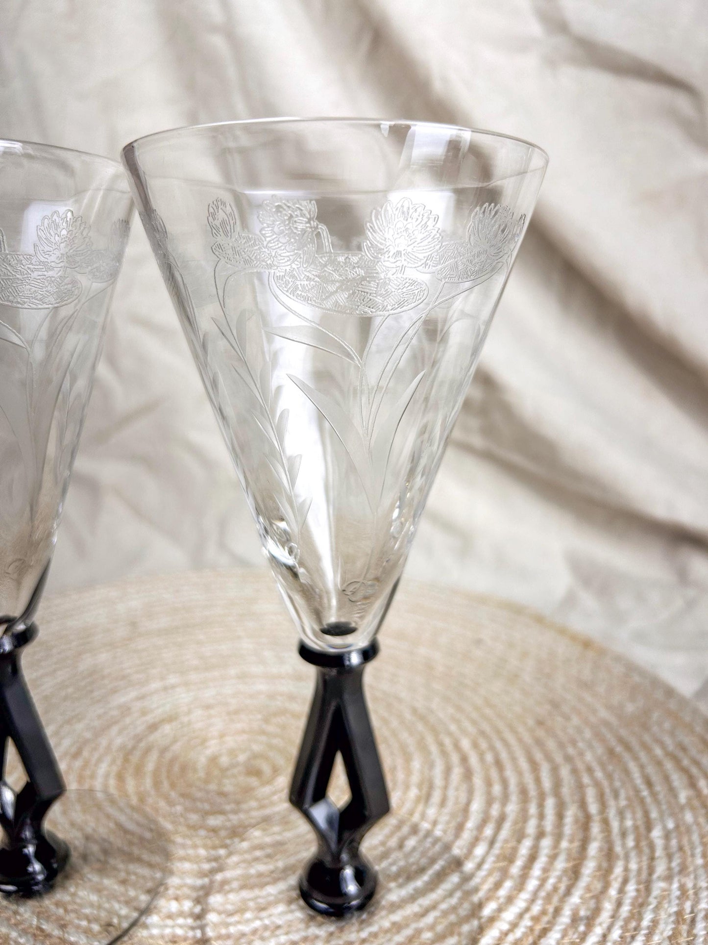 Vintage Pair of Morgantown Glass Etched Wine Glasses Black Stem