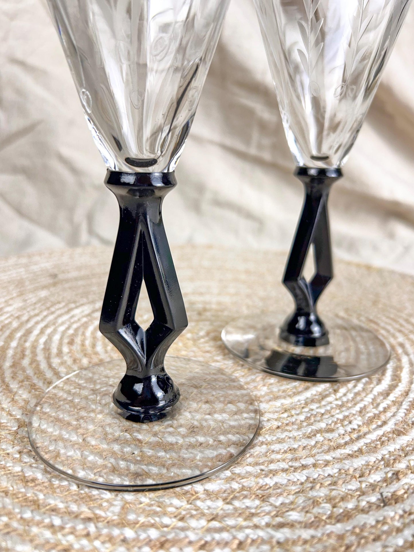 Vintage Pair of Morgantown Glass Etched Wine Glasses Black Stem