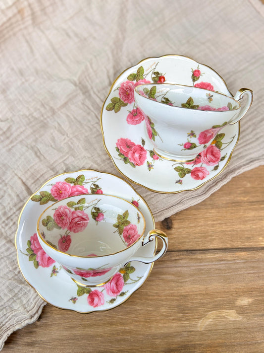 Foley Bone China Century Rose Floral Gold Tea Cups & Saucers Pair England