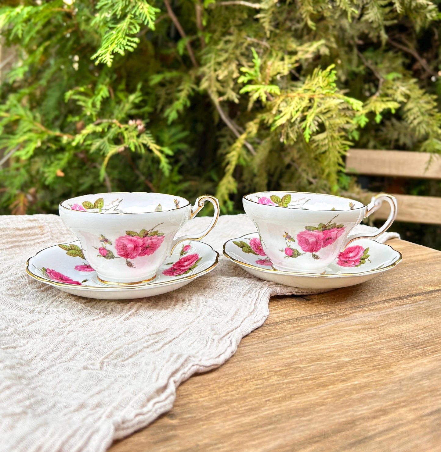 Foley Bone China Century Rose Floral Gold Tea Cups & Saucers Pair England