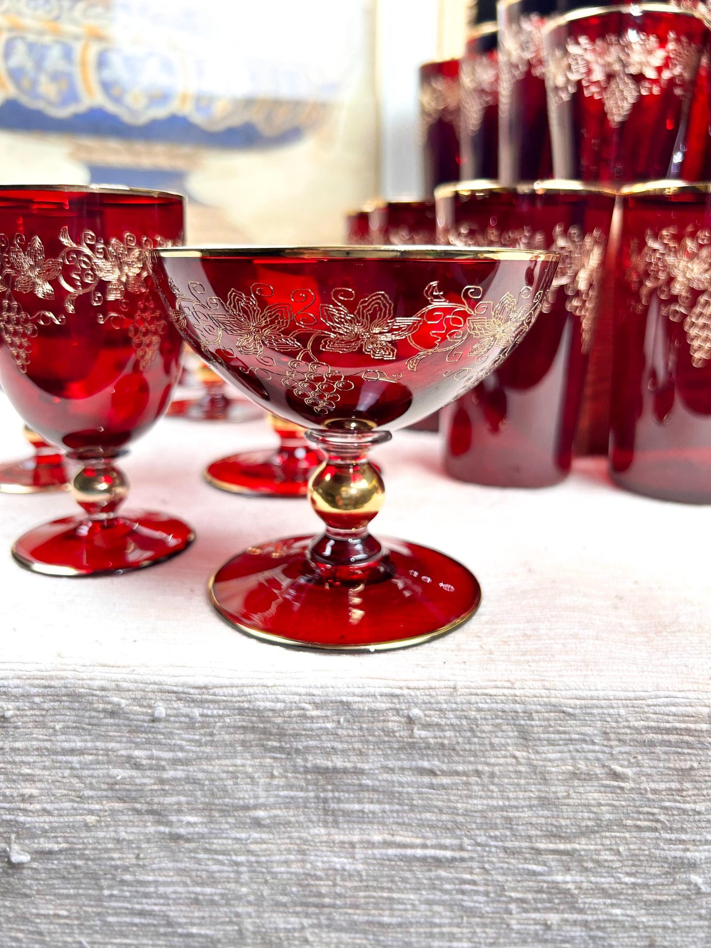 Moser Glass Ruby Etched Floral Gold Glasses Sets Selection