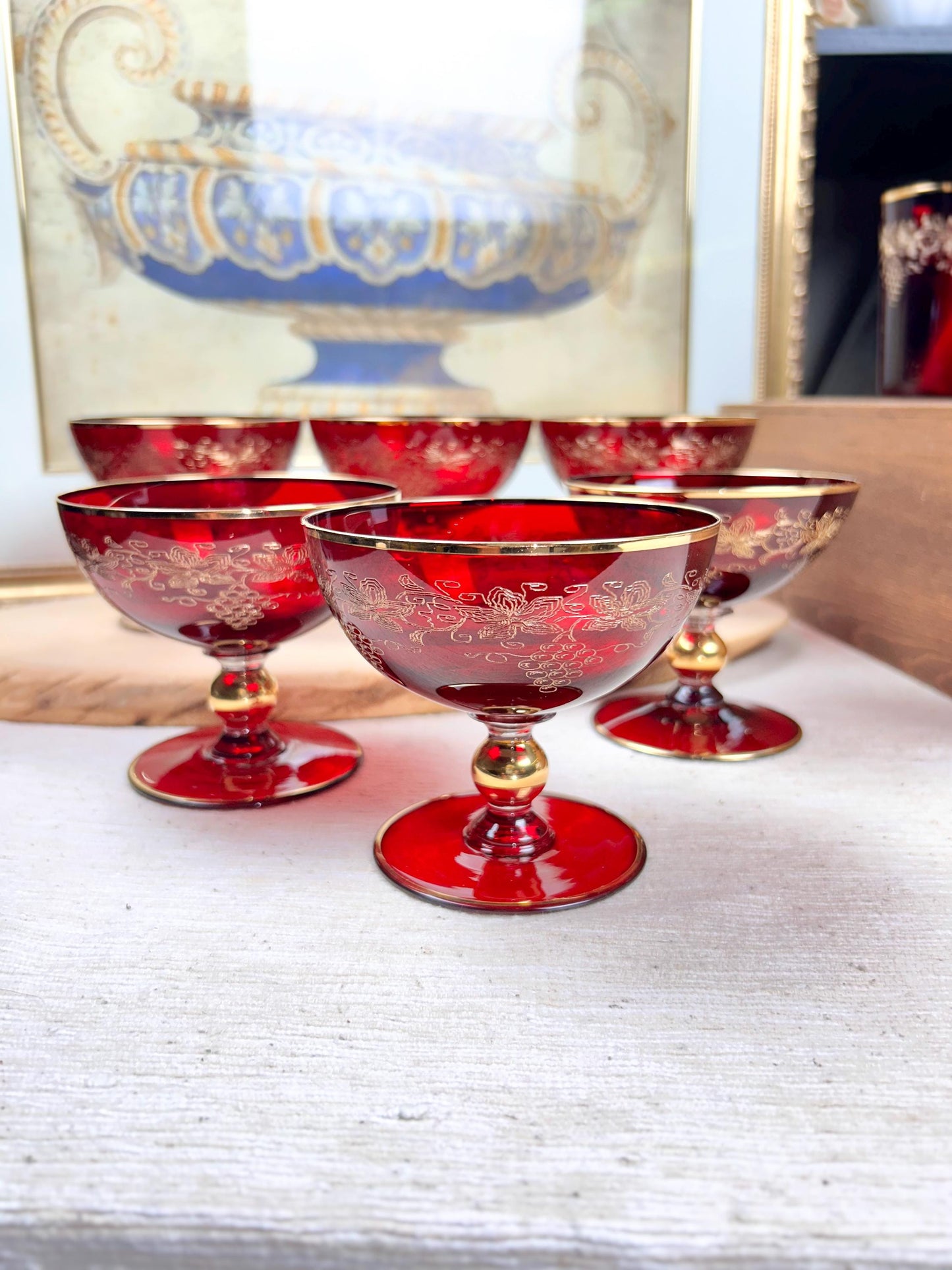 Moser Glass Ruby Etched Floral Gold Glasses Sets Selection