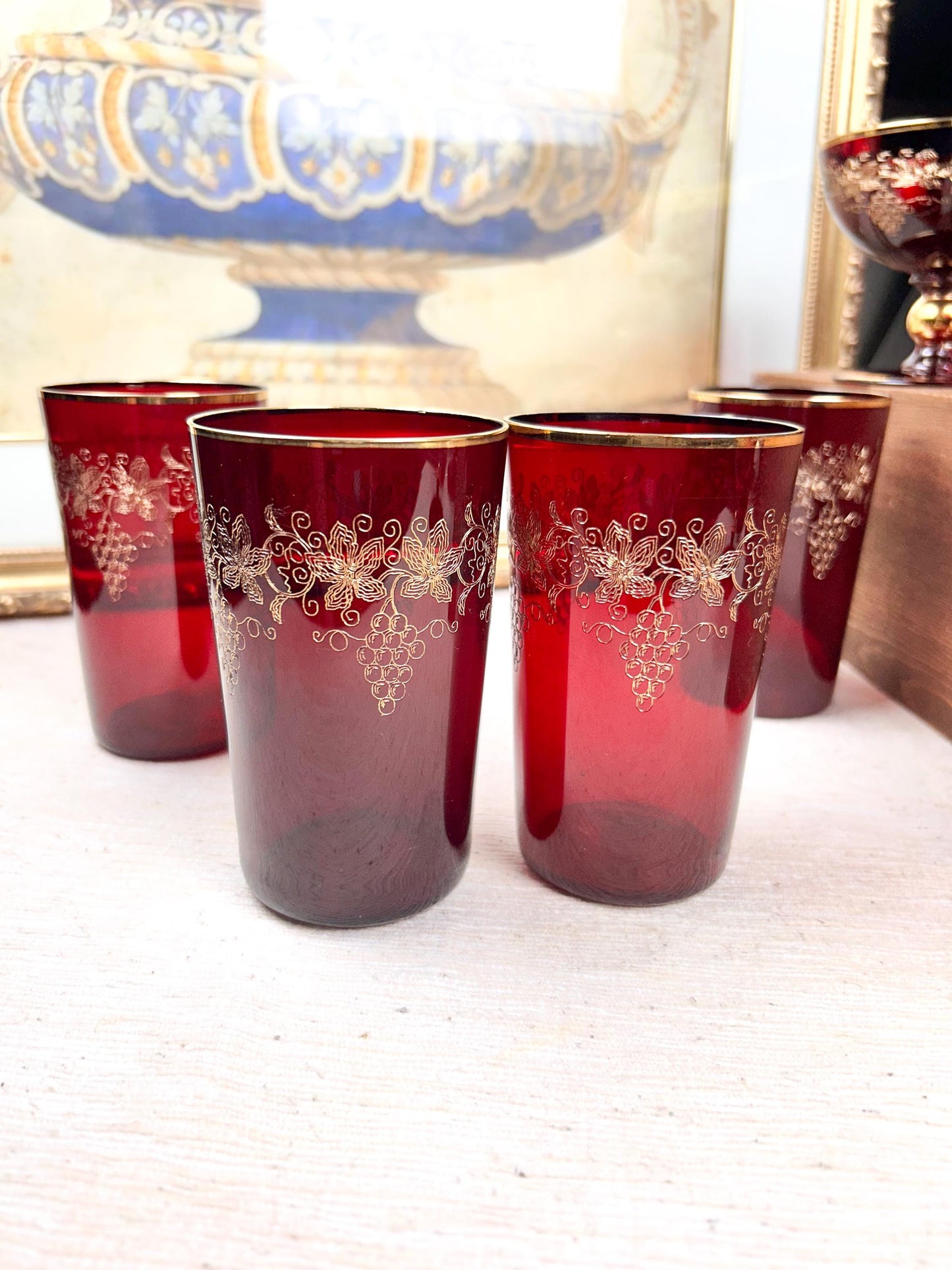 Moser Glass Ruby Etched Floral Gold Glasses Sets Selection