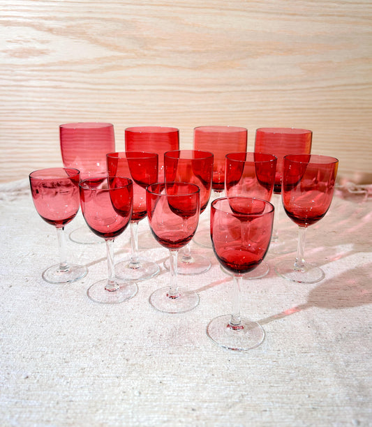 Vintage Cranberry Wine Cordial or Liqueur Glasses Set of 4 Optic Bowl