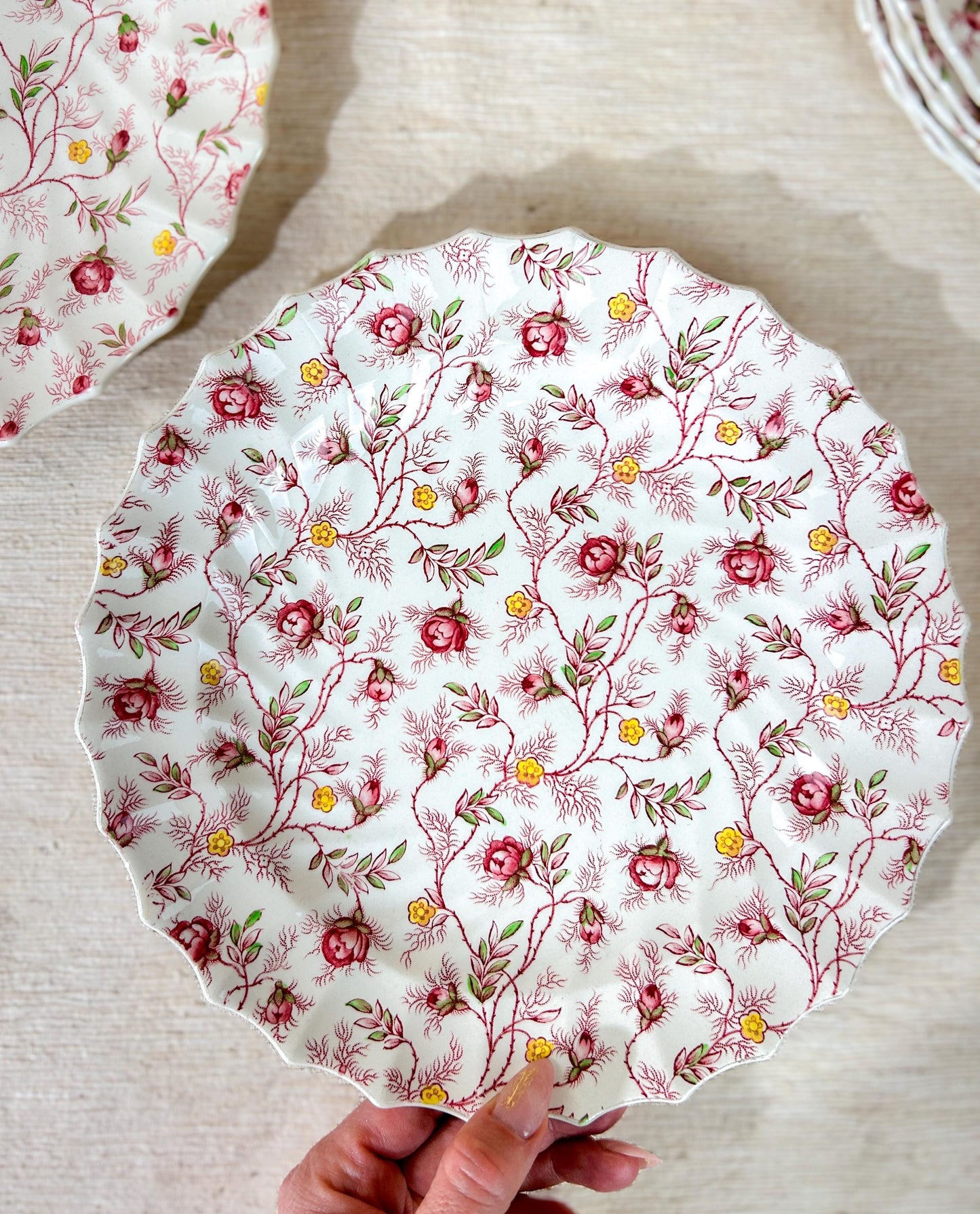 Copeland Spode Rosebud Chintz Bread Dinner Plates & Soup Bowls Pink Vine