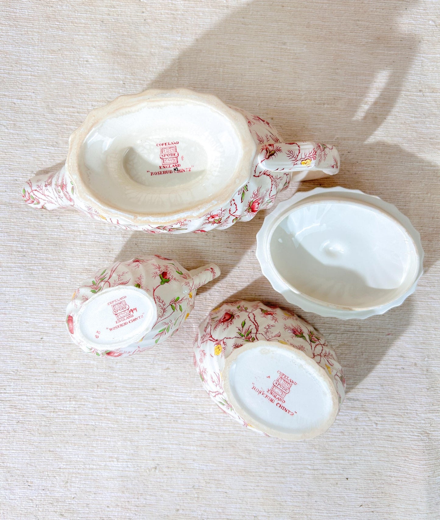 Copeland Spode Rosebud Chintz Pink Tea Cup Set Gravy Creamer Sugar & Bowls