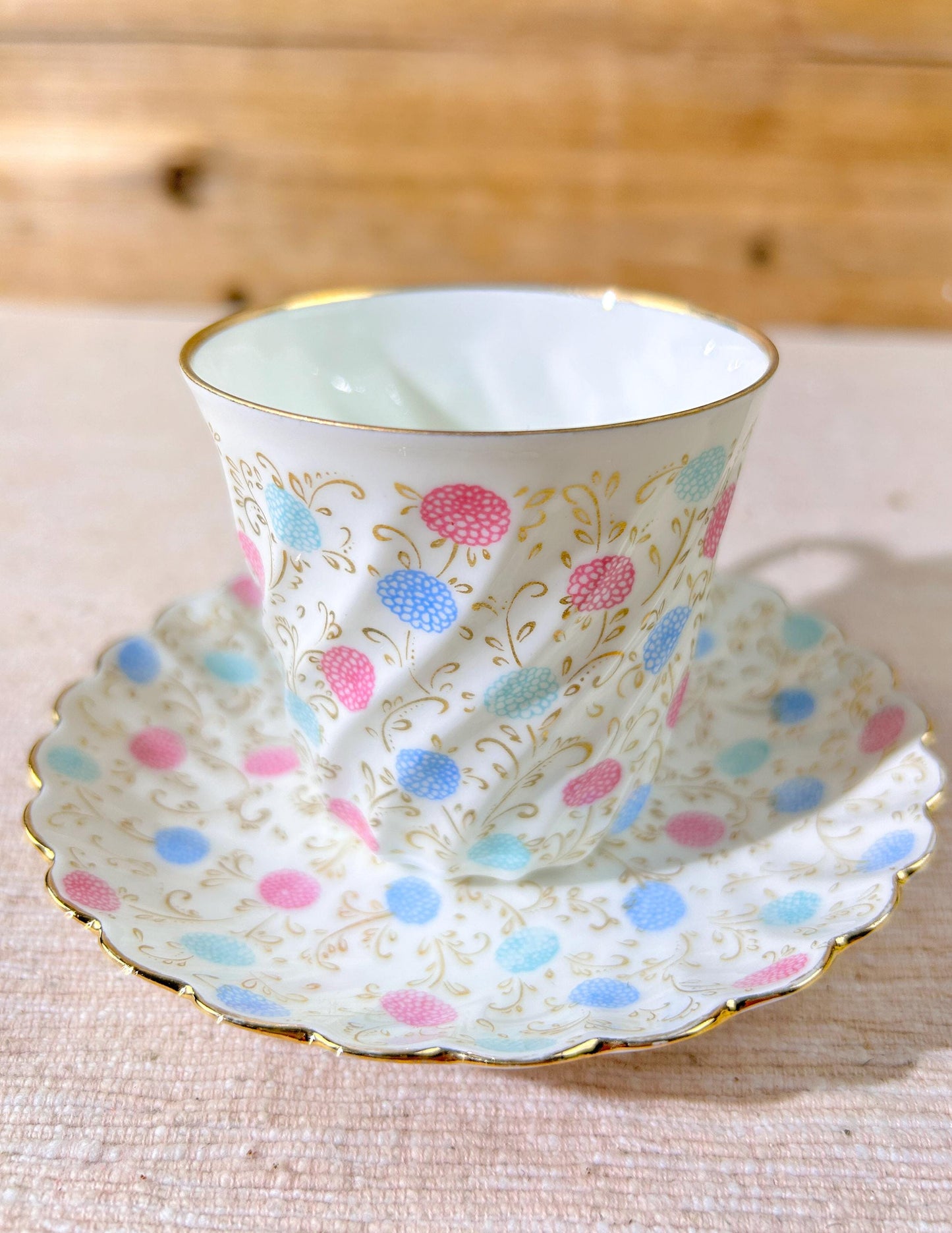 Lomonosov Russian Pink and Blue Floral Demitasse Cup & Saucer Set