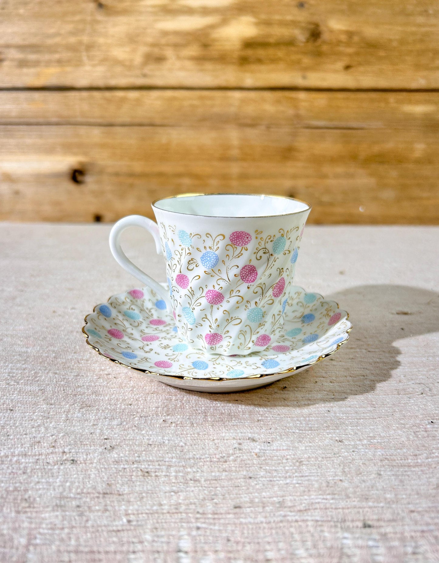 Lomonosov Russian Pink and Blue Floral Demitasse Cup & Saucer Set