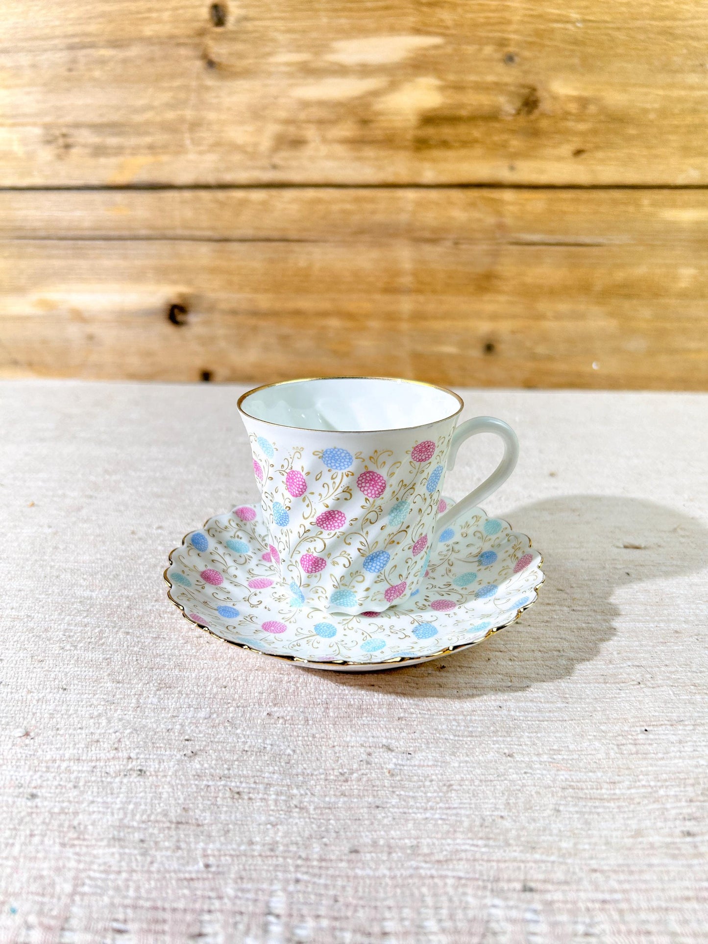 Lomonosov Russian Pink and Blue Floral Demitasse Cup & Saucer Set