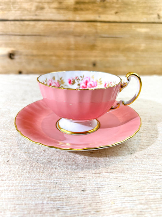 Aynsley Pink and Gold Teacup and Saucer Floral Band