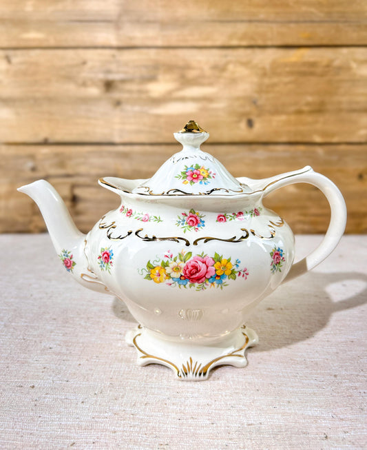 Vintage Sadler England Teapot Pink Roses White & Gold