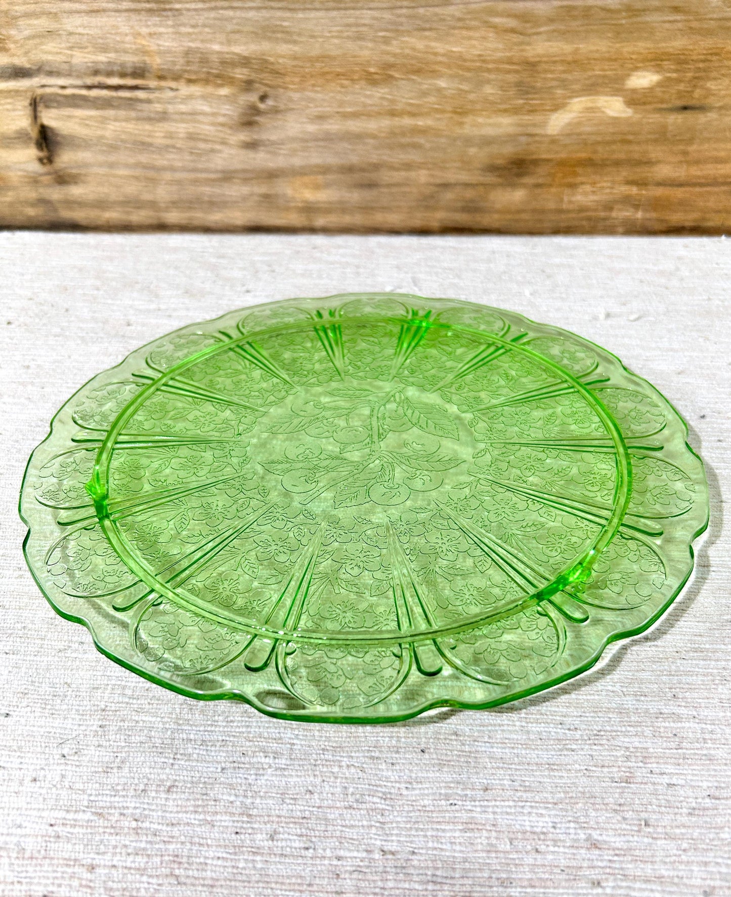 Jeanette Cherry Blossom Green Depression Glass Footed Cake Plate