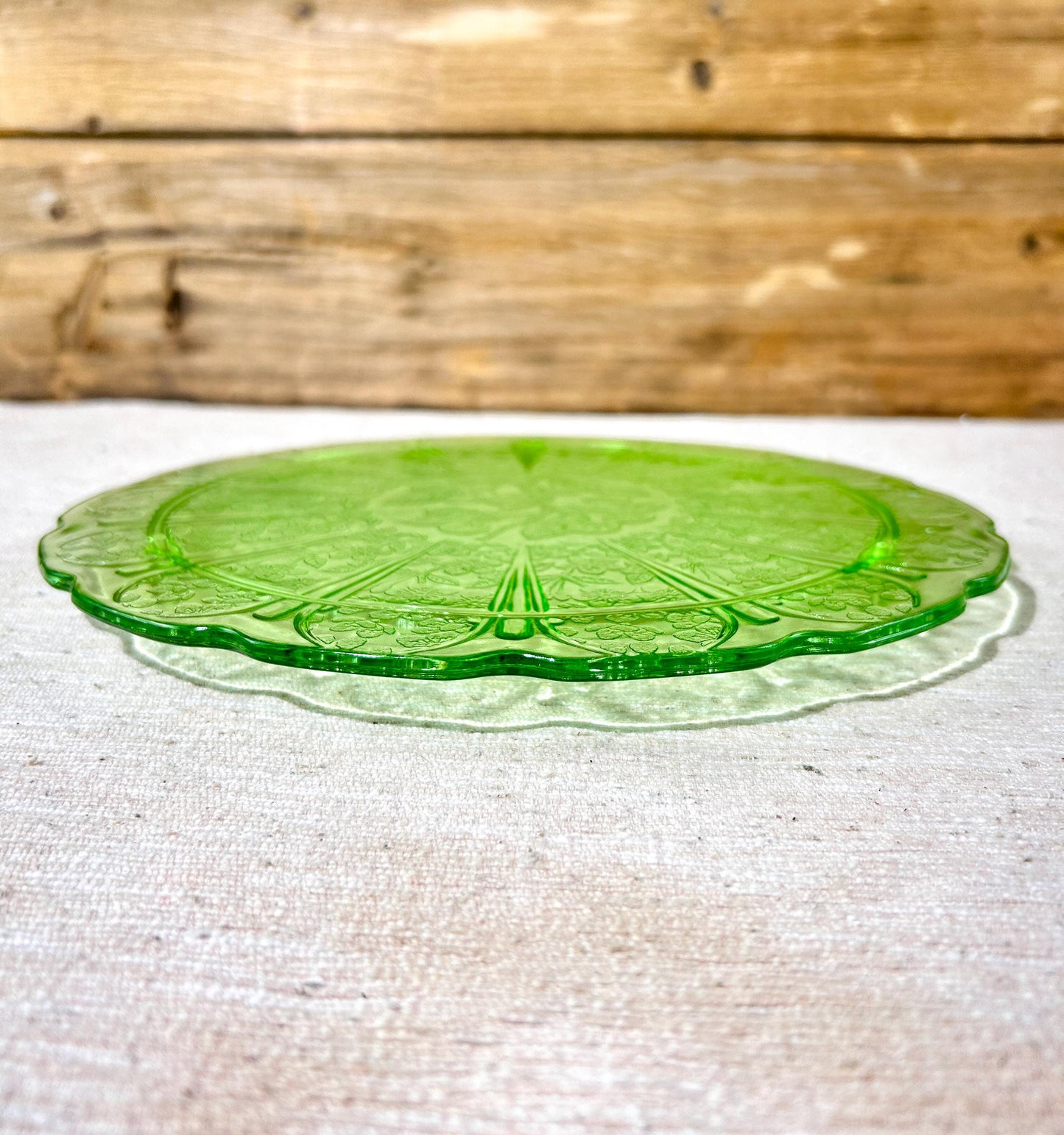 Jeanette Cherry Blossom Green Depression Glass Footed Cake Plate