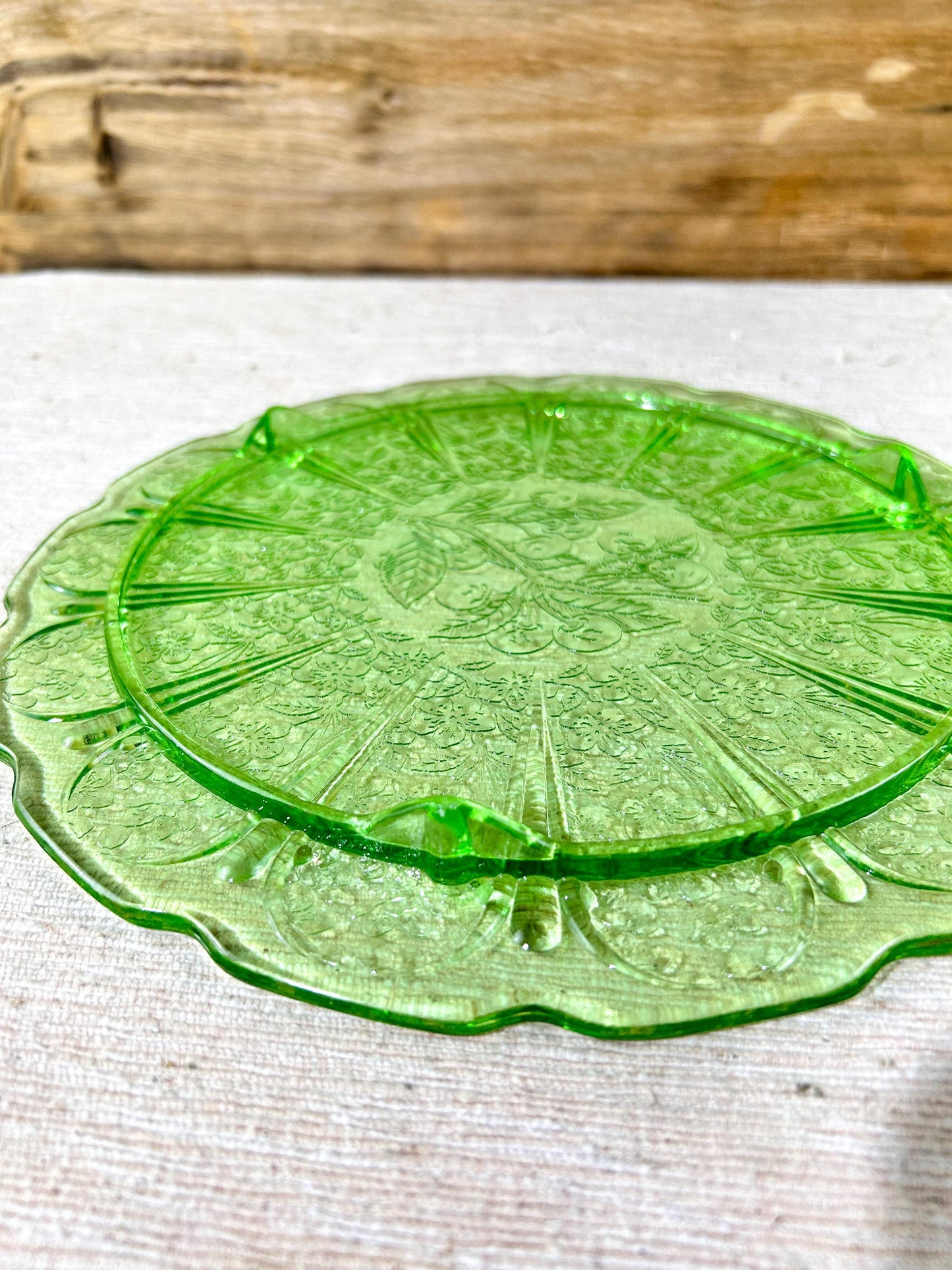 Jeanette Cherry Blossom Green Depression Glass Footed Cake Plate