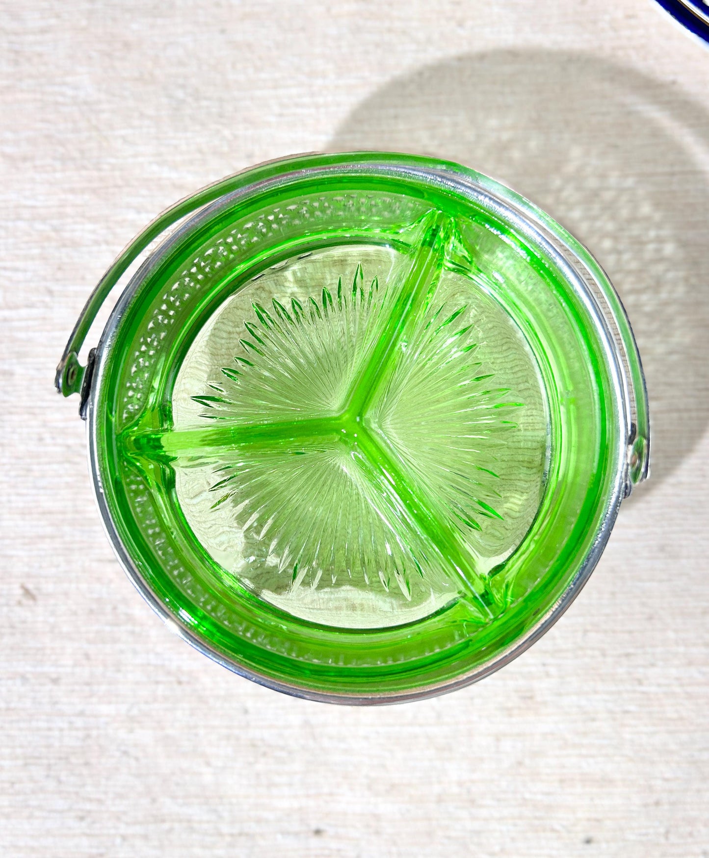 Vintage Uranium Vaseline Glass 3 Compartment Dish in Silver Plated Copper Tray