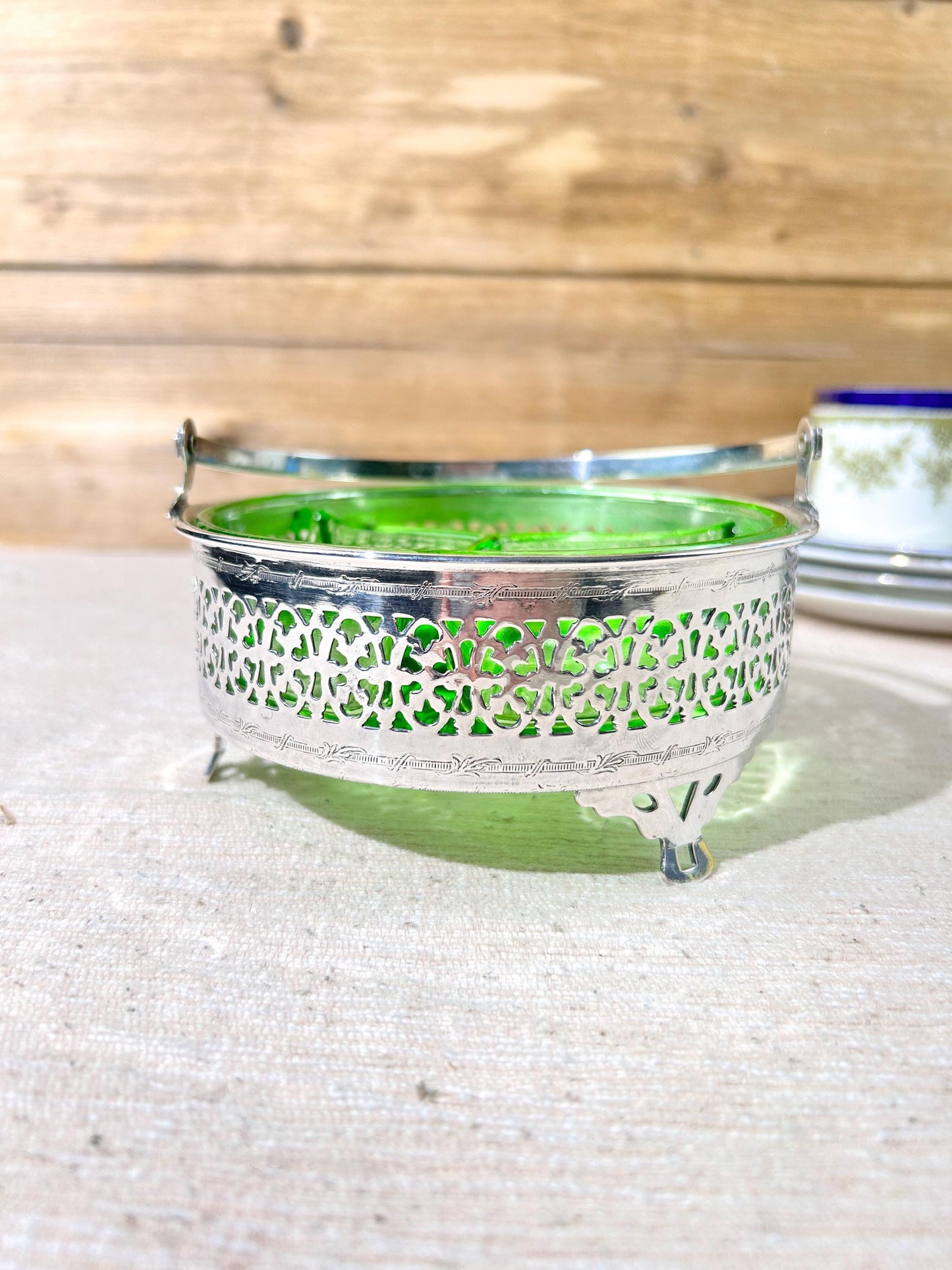 Vintage Uranium Vaseline Glass 3 Compartment Dish in Silver Plated Copper Tray