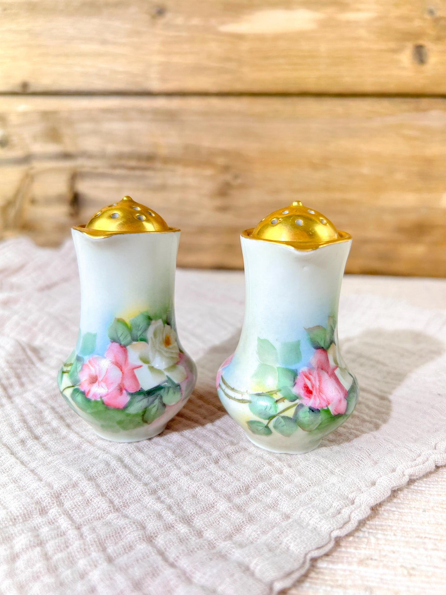 Vintage Salt and Pepper Shakers Gold Porcelain Hand Painted Roses O & E.G. Austria