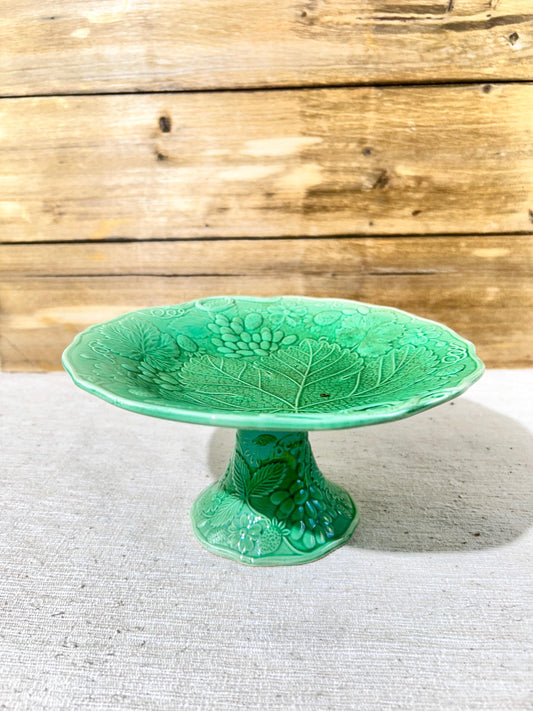 Antique Green Leaves Majolica Pedestal Dish Plate Embossed Decorative Vintage