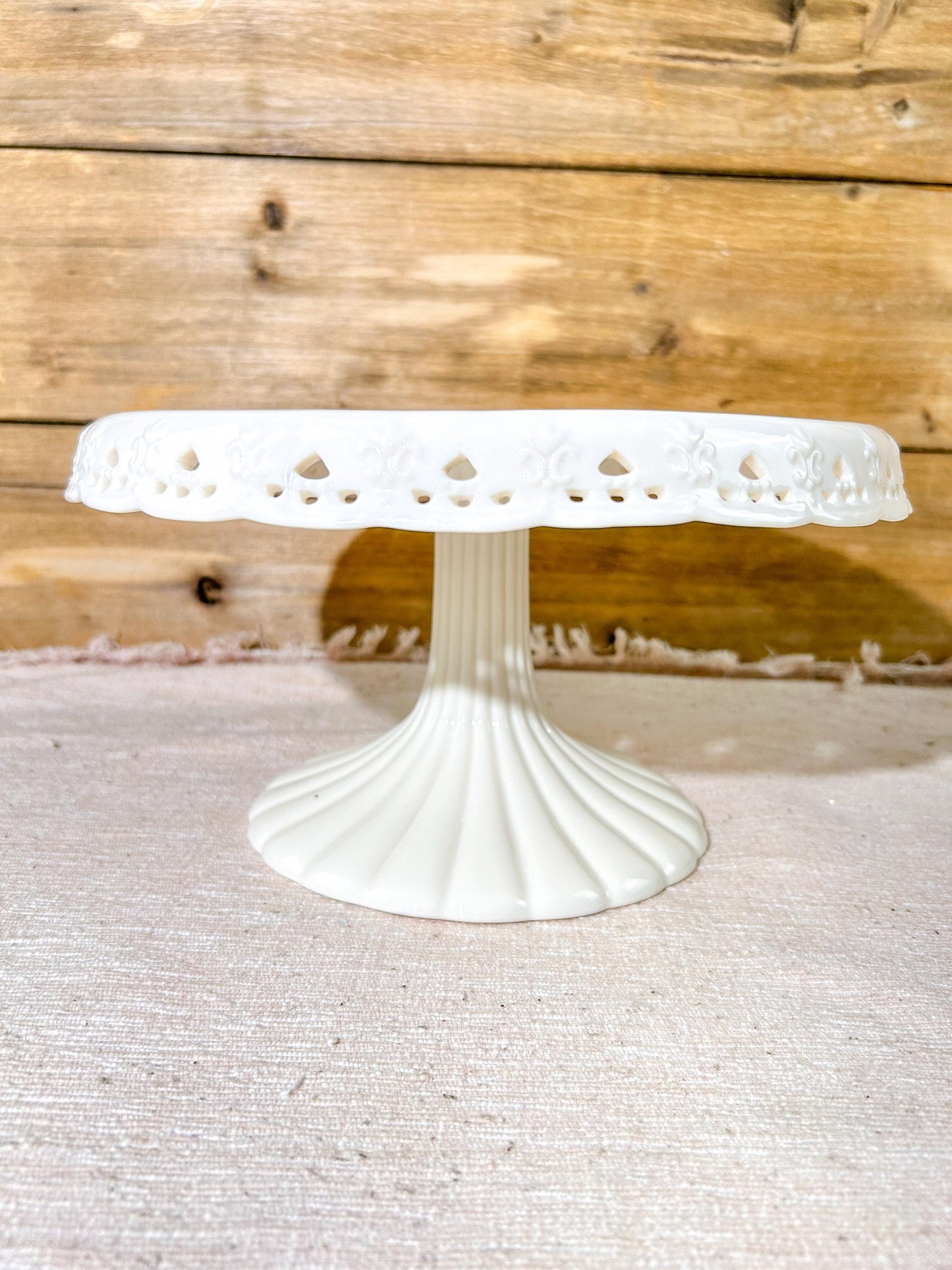 Skye McGhie Cream Lace Pedestal Cake Plate White Porcelain