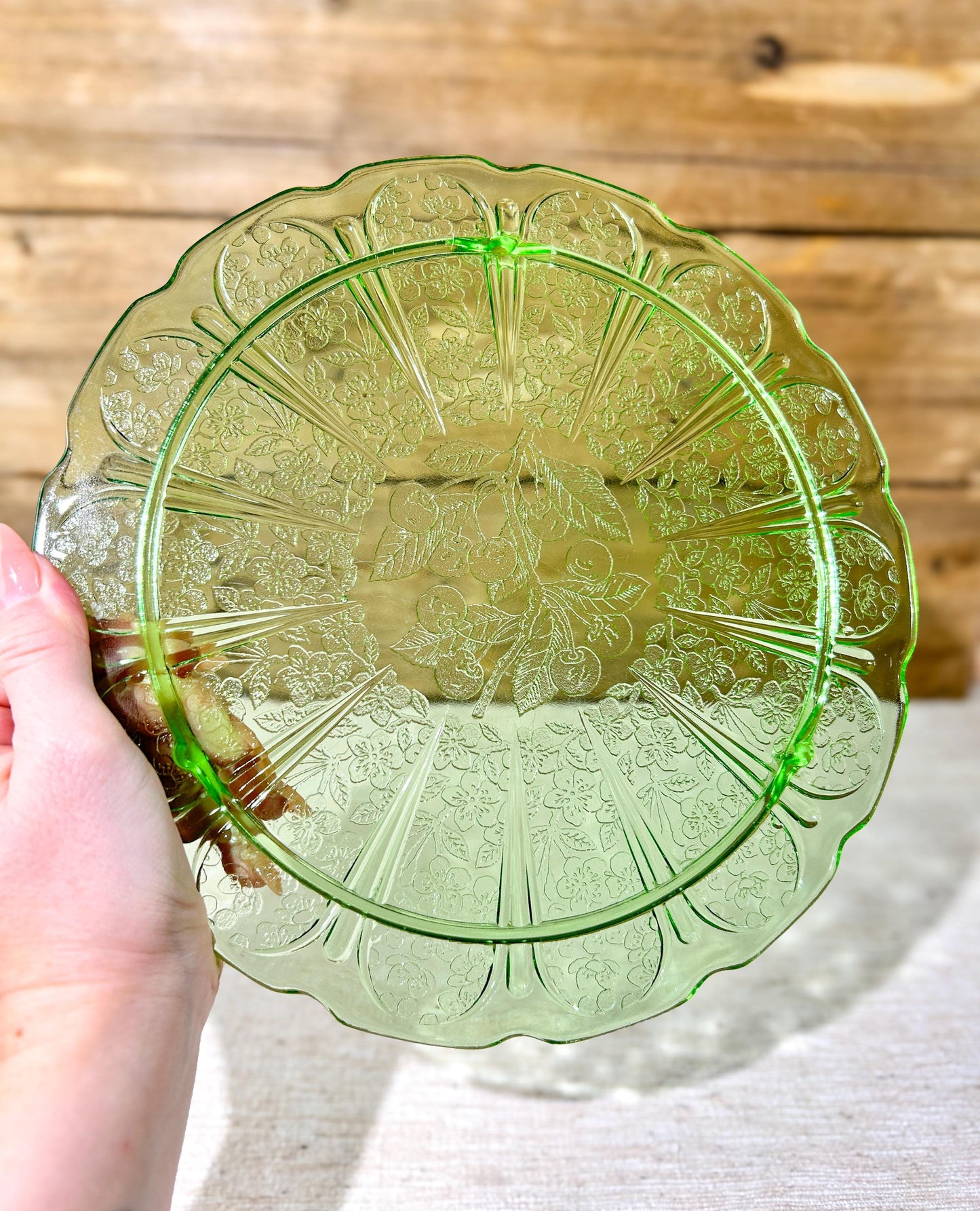 Jeanette Cherry Blossom Green Depression Glass Footed Cake Plate