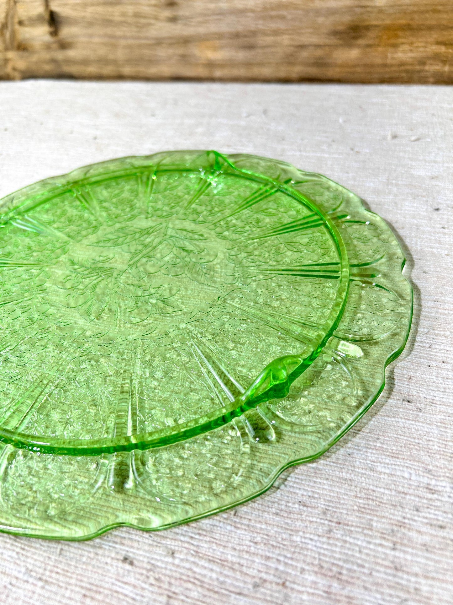 Jeanette Cherry Blossom Green Depression Glass Footed Cake Plate