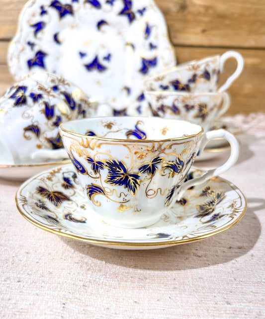 Antique Porcelain Cobalt & Gold Tea Cup Set x4