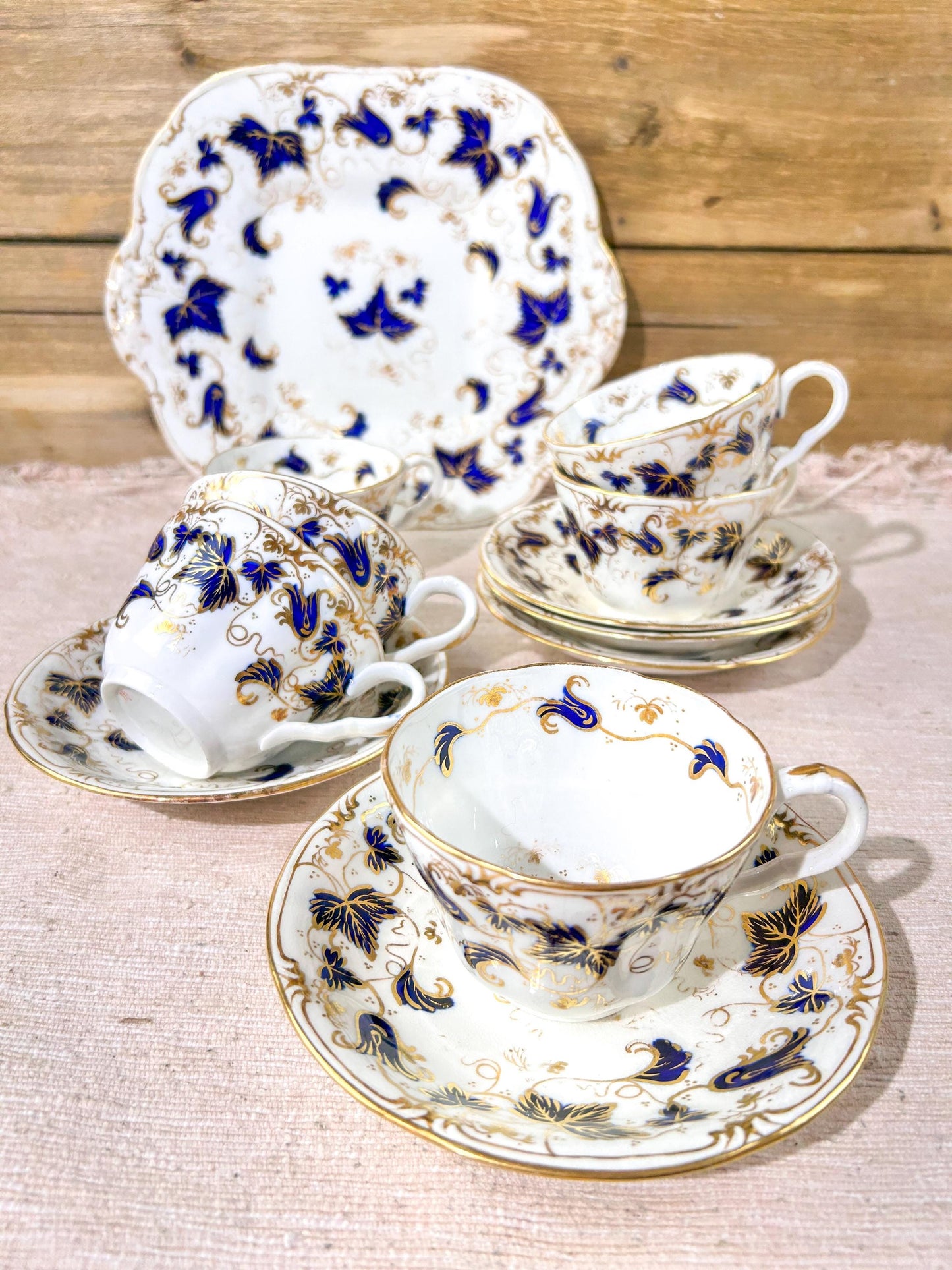 Antique Porcelain Cobalt & Gold Tea Cup Set x4