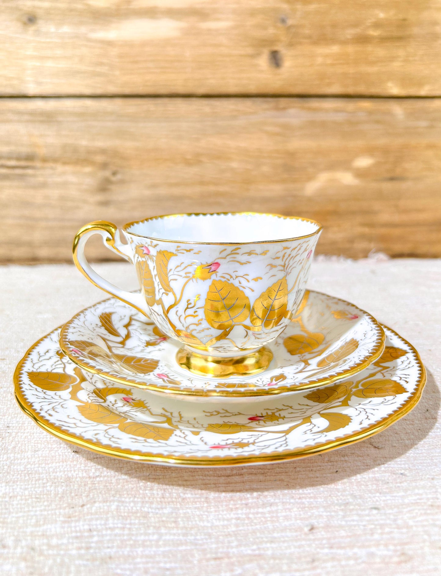 Royal Chelsea Bone China Teacup Saucer Bread Plate Set Hand Painted Gold