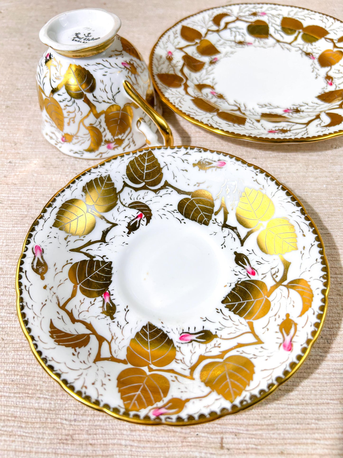 Royal Chelsea Bone China Teacup Saucer Bread Plate Set Hand Painted Gold