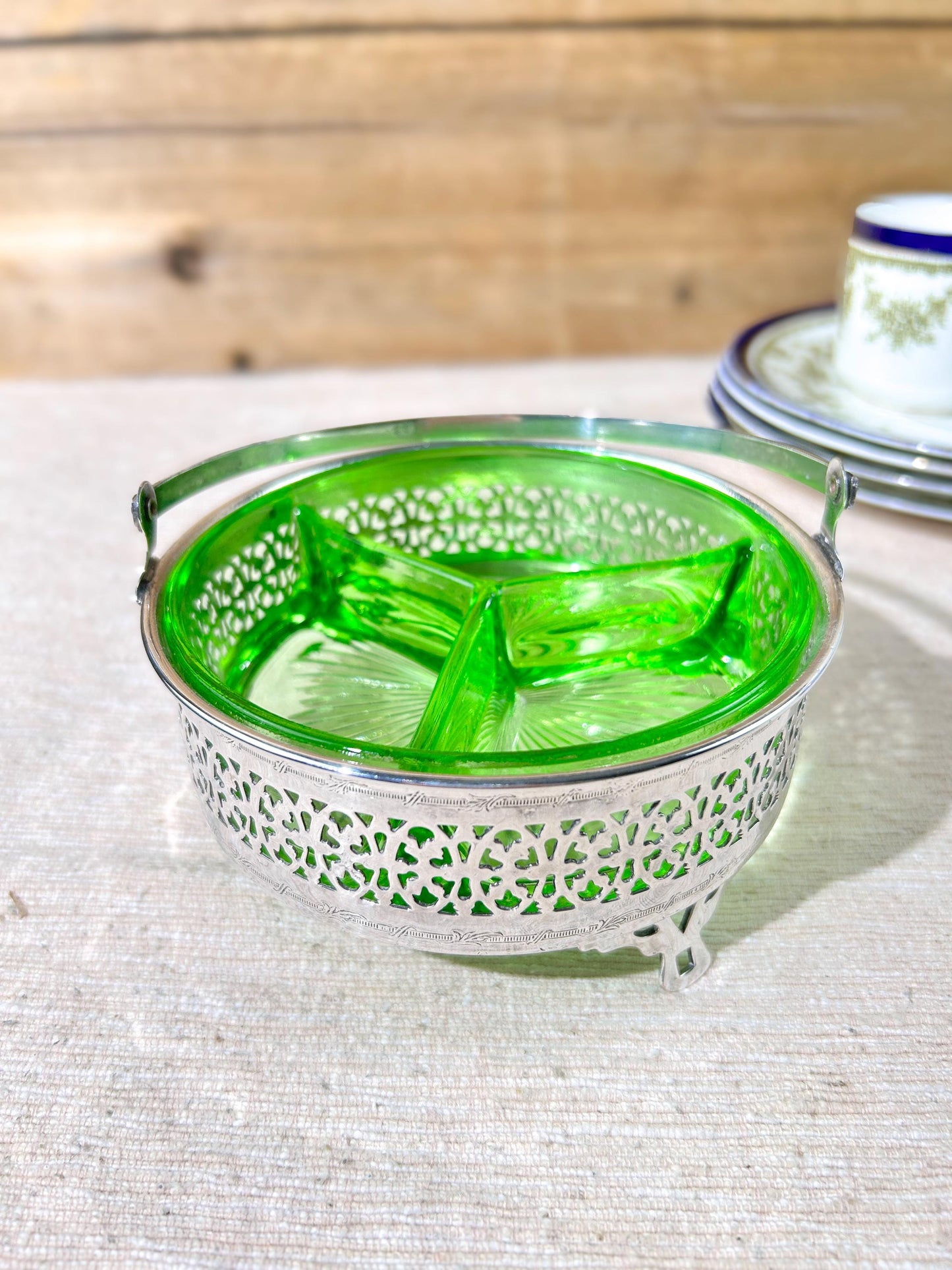 Vintage Uranium Vaseline Glass 3 Compartment Dish in Silver Plated Copper Tray