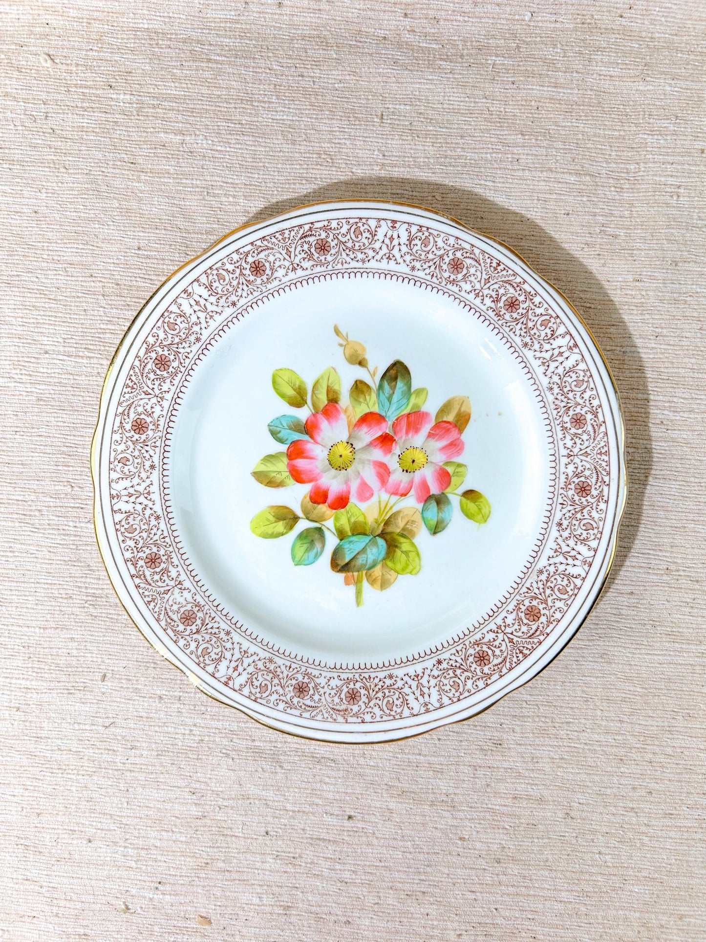 19th Century Hand Painted Floral Plates Set Gold Gilt x6