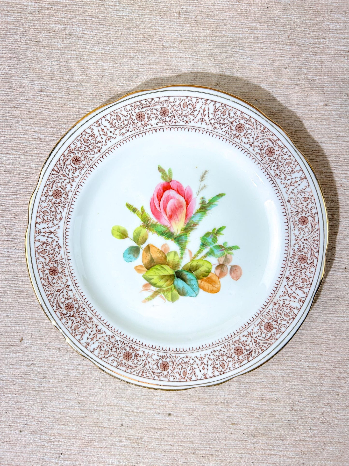 19th Century Hand Painted Floral Plates Set Gold Gilt x6