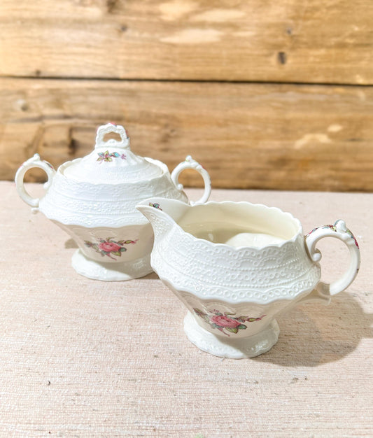 Spode's Jewel Copeland Billingsley Rose Creamer & Sugar Bowl with Lid Old Mark Green 2/8867