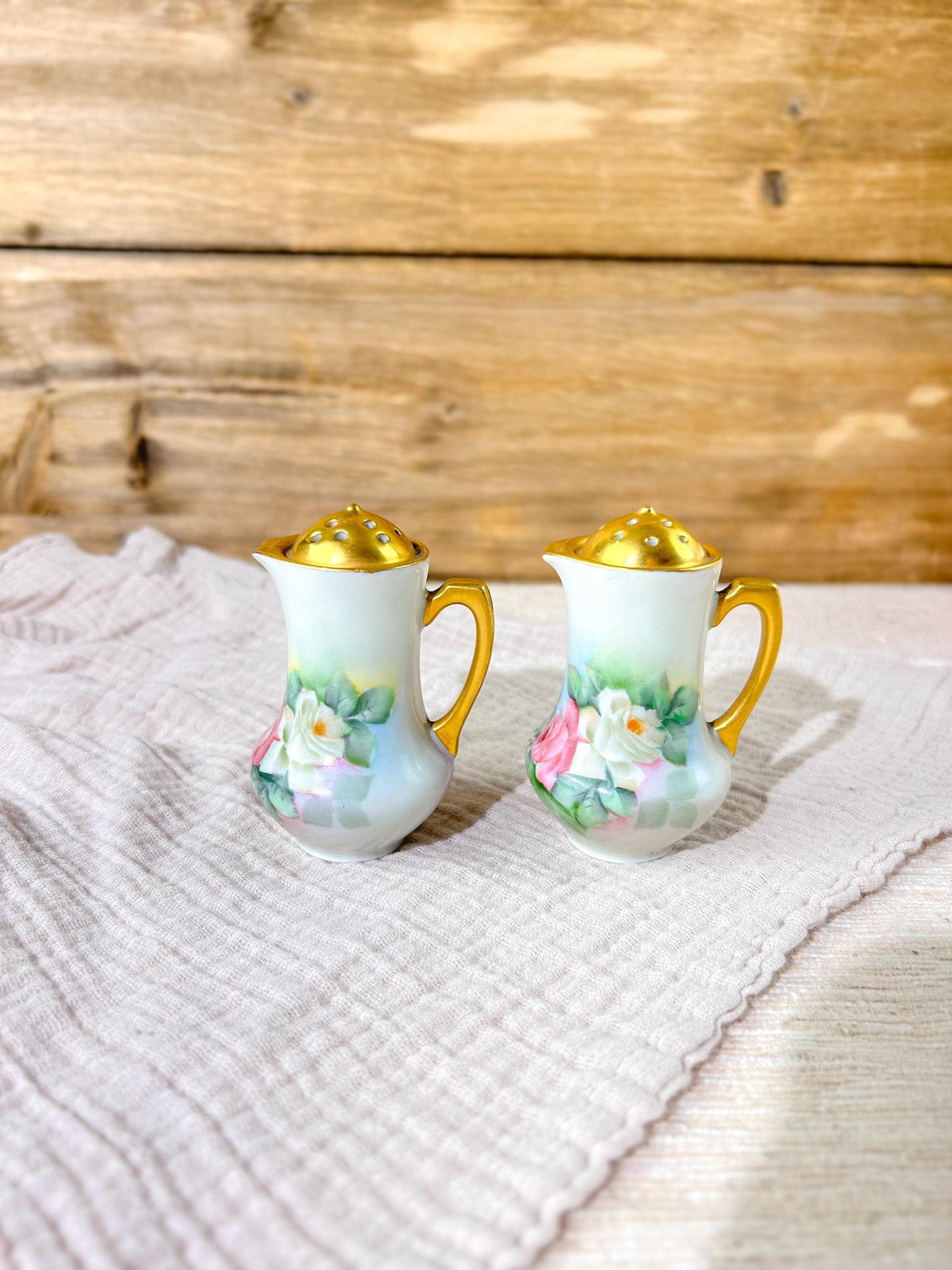 Vintage Salt and Pepper Shakers Gold Porcelain Hand Painted Roses O & E.G. Austria