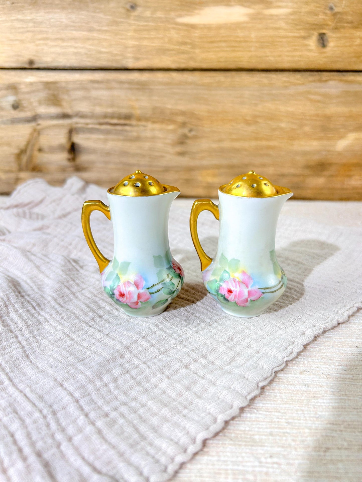 Vintage Salt and Pepper Shakers Gold Porcelain Hand Painted Roses O & E.G. Austria