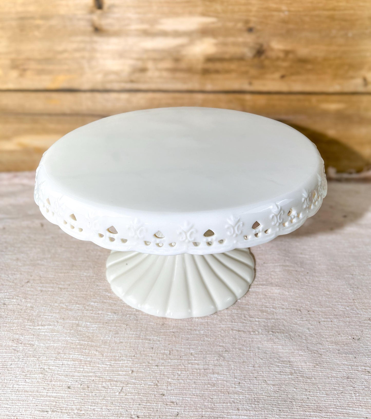 Skye McGhie Cream Lace Pedestal Cake Plate White Porcelain