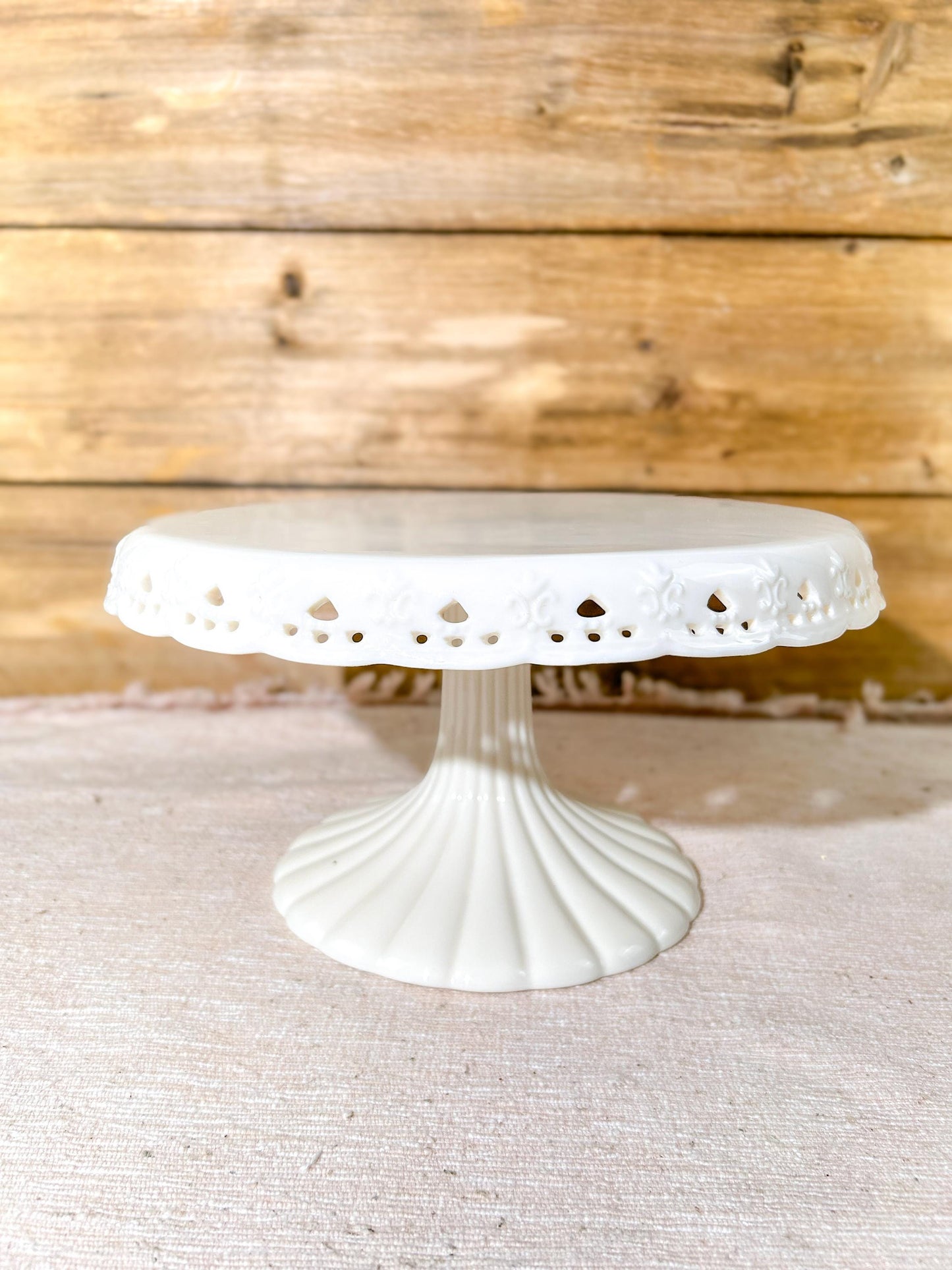 Skye McGhie Cream Lace Pedestal Cake Plate White Porcelain